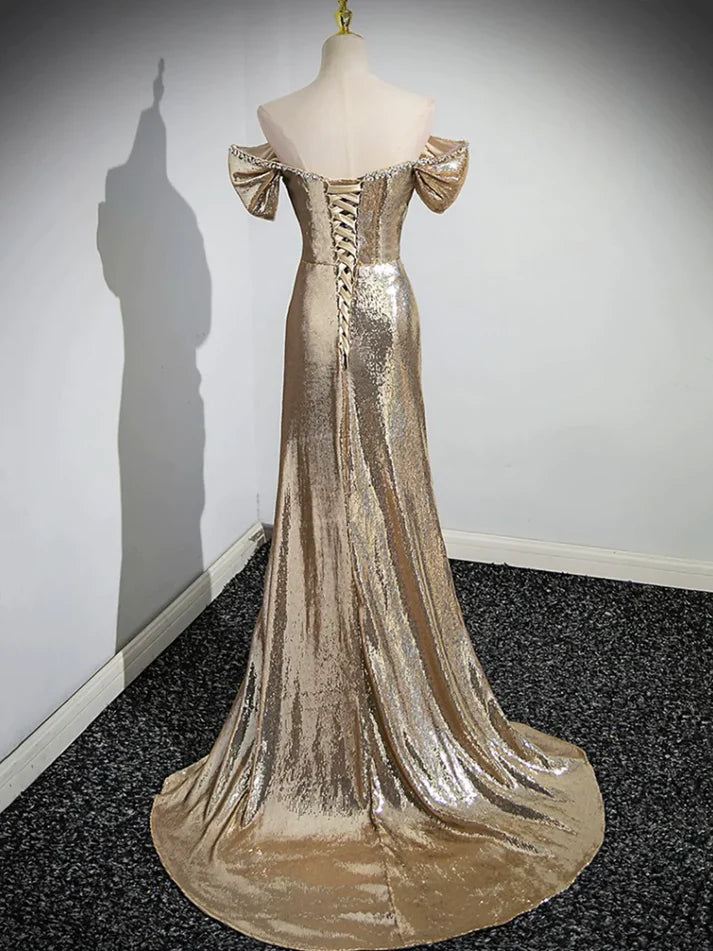 Luolandi Gold Sequins Off Shoulder Mermaid Long Prom Dress Evening Party Dress Sparkly